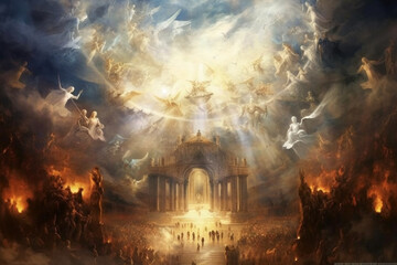 Illustration that depicts a celestial concept of heaven representing the embodiment of God's grace and love. Ai generated