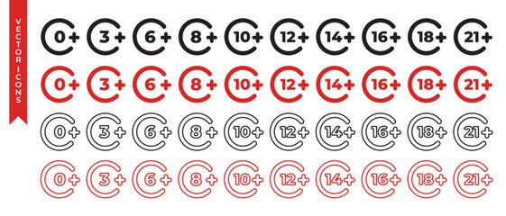 Vector circle age restriction icon set. Age limit icons. Adults content sign isolated on white background red and black colors editable