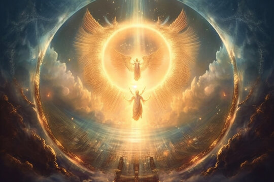 Illustration that depicts a celestial concept of heaven representing the embodiment of God's grace and love. Ai generated