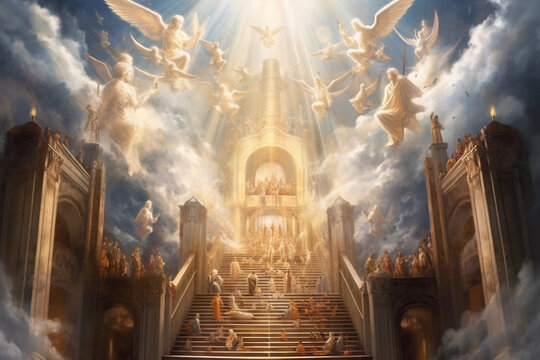 Illustration that depicts a celestial concept of heaven representing the embodiment of God's grace and love. Ai generated