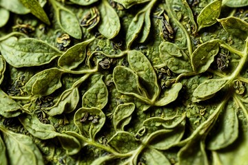 Fototapeta premium Dry green tea leaves as background, top view. Close up.