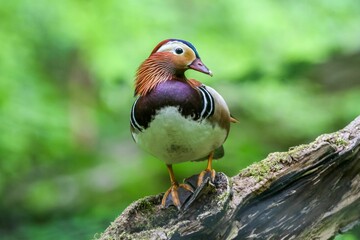 Beautiful mandarin duck (Aix galericulata) resting outdoors on the blurred background