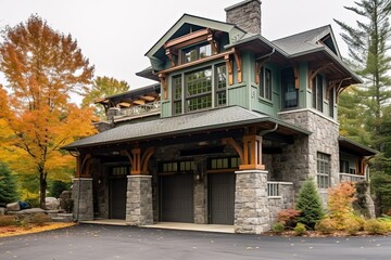 Avant-Garde Design Meets Spacious Luxury: A Recently Constructed Property with a Three-Car Garage, Green Siding, and Natural Stone Pillars, generative AI