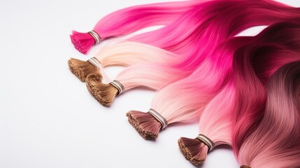 A selection of various shades of pink hair extensions on white background