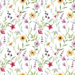 Fototapeta na wymiar Beautiful seamless pattern with watercolor hand drawn colorful flowers. Stock illustration.
