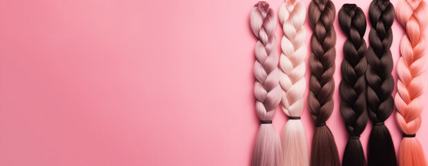 A selection of pink hair extensions on pink background,  copy space banner