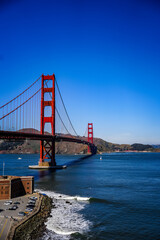 Vertical shot of the Golden Gate Bridge and San Francisco Bay, USA