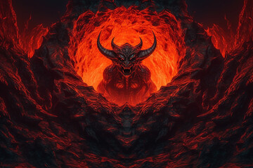 Concept of hell. Fierce flames and raging fire surround a representation of the devil at the center. Ai generated