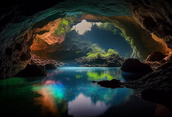 Mysterious cave with a beautiful underground lake and hanging stalactites on sunset. AI Generated