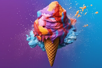 Illustration showcasing an ice cream cone with vibrant colors, melting into a creative splash. Ai generated