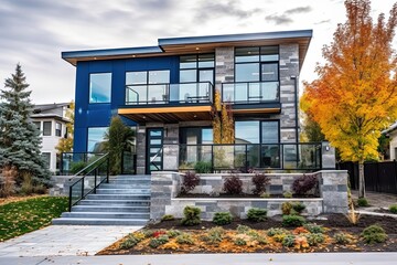 New Urban Dwelling with Innovative Aesthetic, Two-Car Garage, Navy Blue Siding, and Natural Stone Staircase, generative AI
