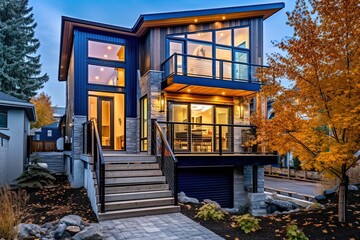Fototapeta na wymiar Innovative Aesthetic Meets Functional Design: Navy Blue Siding, Natural Stone Staircase, and Two-Car Garage in a Brand New Urban Dwelling, generative AI