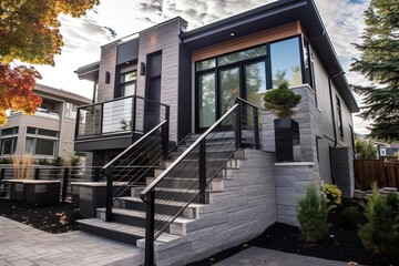 New Urban Dwelling with Innovative Aesthetic, 2-Car Garage, Dark Gray Siding, and Natural Stone Staircase, generative AI