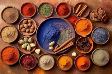 Obraz na płótnie Canvas Indian set of Indian spices arranged in clay ceramics, viewed from above. Ai generated
