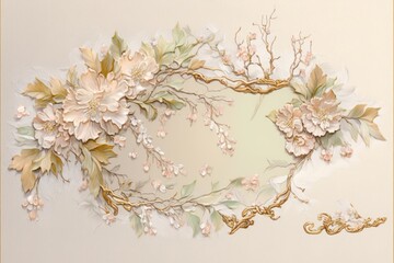 Decorative floral frame with flowers and leaves on a beige background, generative Ai