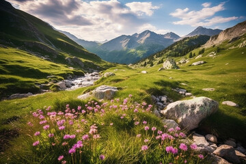 Beauty of the Alps with breathtaking illustration capturing a magnificent meadow with flowers and mountain landscape. Ai generated
