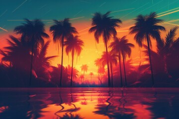 Tropical sunset with palm trees on the beach. 3D rendering, generative Ai - obrazy, fototapety, plakaty