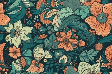 Fototapeta premium Seamless pattern with flowers and leaves. Floral background, generative Ai