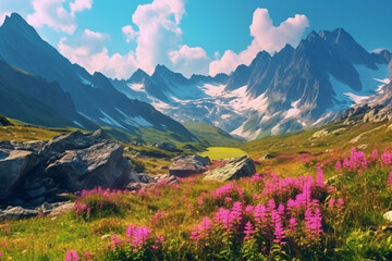 Fototapeta na wymiar Beauty of the Alps with breathtaking illustration capturing a magnificent meadow with flowers and mountain landscape. Ai generated