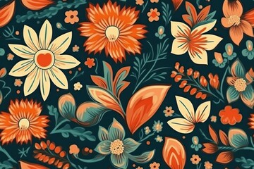 Fototapeta na wymiar Seamless pattern with flowers and leaves. Hand-drawn illustration, generative Ai
