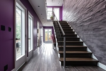 New Urban Dwelling with Innovative Aesthetic, Two-car Garage, and Eye-catching Purple Siding: Featuring a Natural Stone Staircase, generative AI
