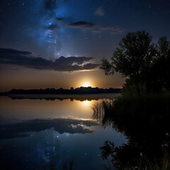 sunset over the lake, reflective landscape summer - by generative ai