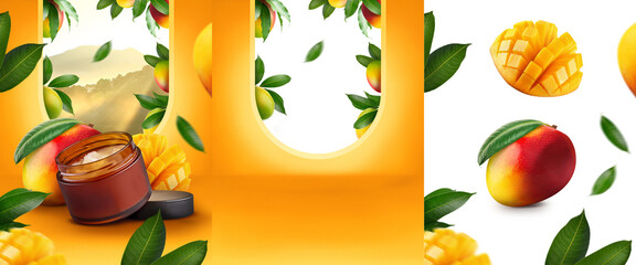 Mask cream jar display cosmetic product orange background mango png fruits mockup