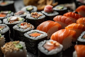 Japanese sushi set with salmon, tuna, shrimp, avocado and cucumber on black background, generative Ai