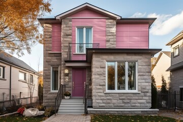 New Urban Dwelling with Innovative Aesthetic Boasts Two-Car Garage, Pink Siding, and Natural Stone Staircase, generative AI
