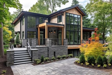 New Urban Dwelling with Innovative Aesthetic and Two-Car Garage Boasts Light Green Siding and a Natural Stone Staircase, generative AI