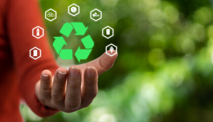 Hand holding recycle, recycling saving clean energy earth globe, reduce, reuse, environment, green, eco friendly, save planet, sustain, ecosystem.campaign save the earth, earth Day 22 April