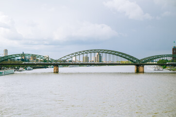 View landscape and cityscape of Koln city with rhine river at Hohenzollern bridge in Cologne, Germany