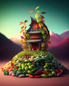 3d render of cartoon style bean land house edmame 