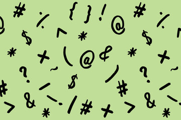 pattern with the image of keyboard symbols. Punctuation marks. Template for applying to the surface. pastel pea background. Horizontal image.