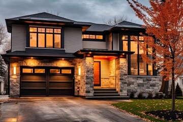 Cutting-Edge Styling and Natural Stone Elements: Vibrant New Construction Residence with Double Garage and White Siding, generative AI