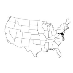 Vector map of the state of Maryland highlighted in black on the map of the United States of America.