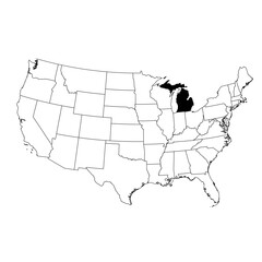 Vector map of the state of Michigan highlighted in black on the map of the United States of America.