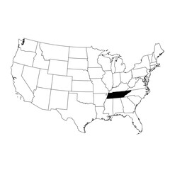 Vector map of the state of Tennessee highlighted in black on the map of the United States of America.