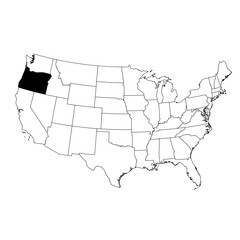 Vector map of the state of Oregon highlighted in black on the map of the United States of America.