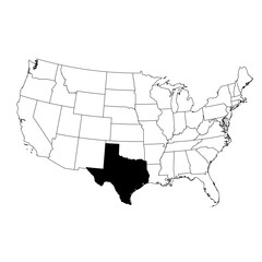 Vector map of the state of Texas highlighted in black on the map of the United States of America.