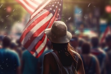 Back view of young woman standing on against the background of the crowd with American flag. Independence day of America. Happy holiday. Generated by AI