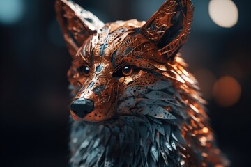 Fox made of metal. Mechanical animals background. Futuristic Sci-Fi. Generated by AI