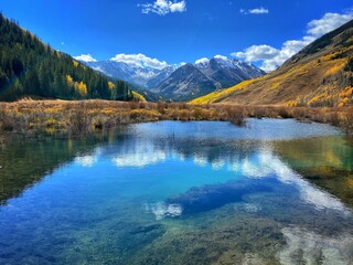Fototapeta na wymiar Beautiful scenery of Aspen, Colorado with high mountains and fall trees reflected in the blue lake