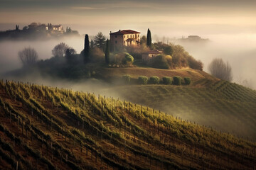 Beautiful morning in Tuscany Italy. Serene morning scene bathed in warm, golden light. Ai generated