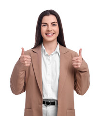 Beautiful happy businesswoman showing thumbs up on white background