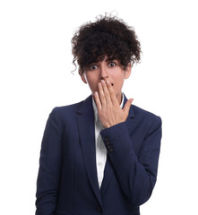 Beautiful emotional businesswoman in suit on white background