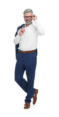 Mature businessman in stylish clothes posing on white background