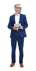 Mature businessman in stylish clothes with tablet on white background