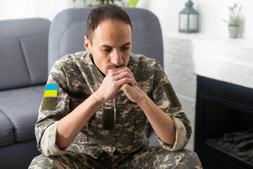ukrainian man, sodier. Mental health. Nervous male military suffering depression, PTSD concept. Man...