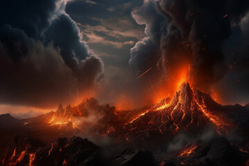 Fototapeta na wymiar Illustration depicting an immense volcanic eruption. The fiery lava cascades down the slopes, engulfing everything in its path. Ai generated